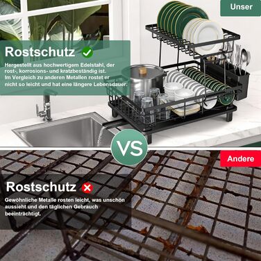 Сушарка для посуду ROTTOGOON розширювана, 2-ярусна, чорна: нержавіюча сталь, з висувним носиком та відділенням для столових приборів
