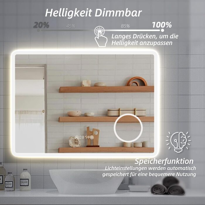 Дзеркало для ванної кімнати HySail з підсвічуванням, 5 мм, високоякісне срібне дзеркало, 3 колірні температури та регульована яскравість, настінне дзеркало з сенсорним вимикачем та захистом від запотівання, прямокутне (3 кольори + регулювання + дзеркало д