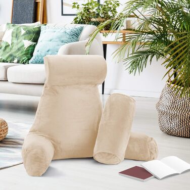 Подушка для читання Clara Clark з великою спинкою, з піною з пам'яті, для дорослих, з підлокітниками та кишенями (Велика, Бежево-кремовий)