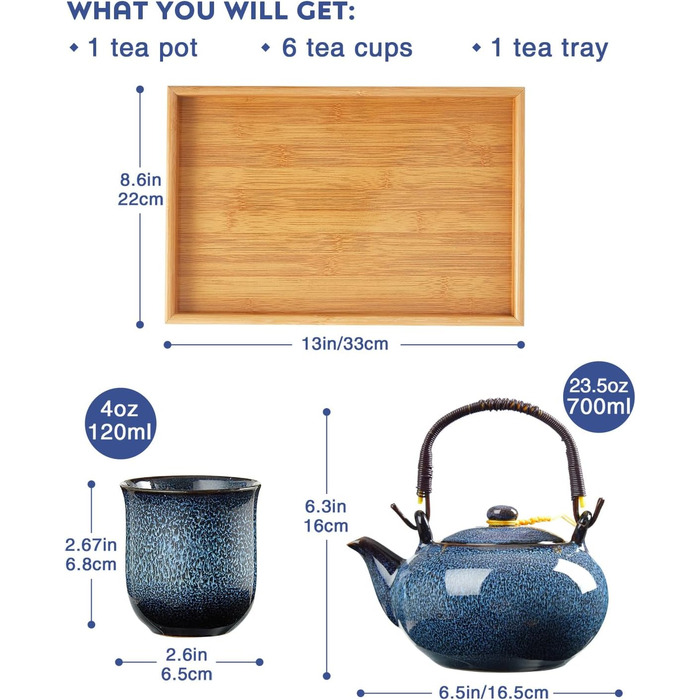 Набір чайний сервіз з порцеляни DUJUST, японський стиль, блакитний колір