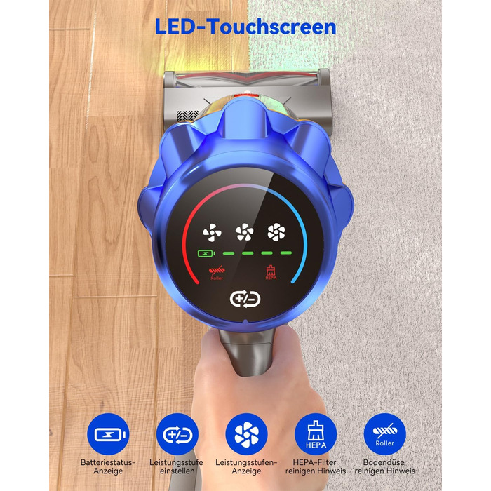 Акумуляторний пилосос H9 58000 Па, 650 Вт, 80 хв, бездротовий з LED-дисплеєм, для шерсті тварин, килимів та підлоги, синій