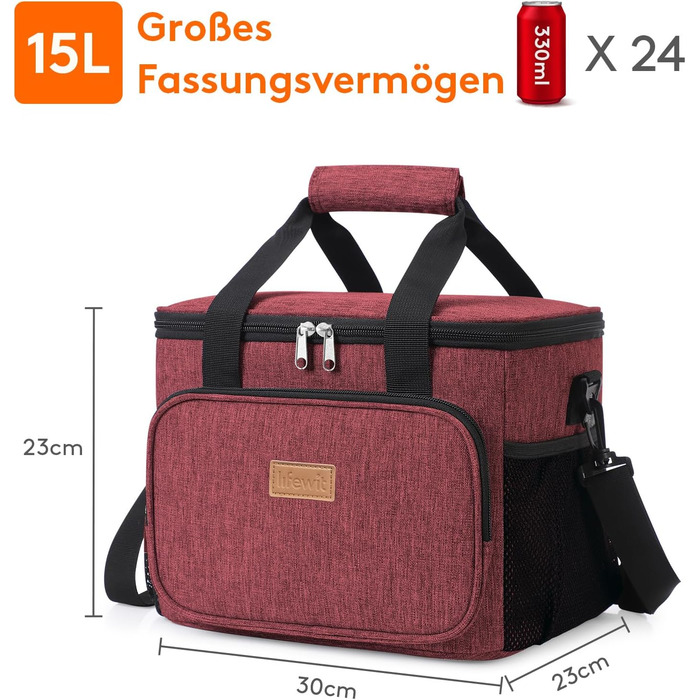 Термосумка-холодильник Lifewit 15л, червоний: сумка для ланчу, пляшок, пляжу, подорожей. Ізольована, водонепроникна, складана