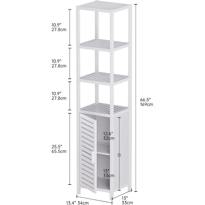 Висока шафа для ванної кімнати HITNET, 67 бамбук, 4 відкриті полиці, 1 дверцята, окремо стояча, для невеликих приміщень (білий)