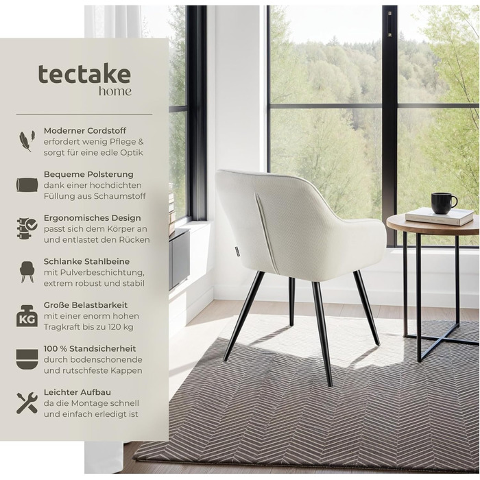 Тектейк® 4X Крісло для їдальні з підлокітниками, оббивка Cord, Lounge-крісло, для вітальні, кухні, офісу - (Набір 6 шт., Кремовий/Чорний)