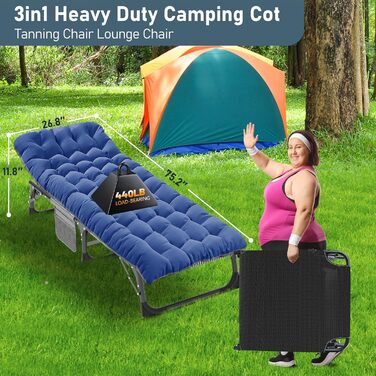 Розкладне ліжко-шезлонг для відпочинку з матрацом, 200 кг, з кишенями та регульованою спинкою, для саду, офісу (блакитний)
