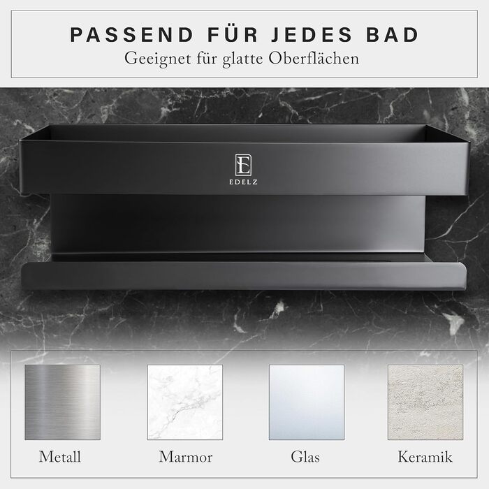 Поличка для душу Bad Duschablage без свердління - тримач для шампуню з нержавіючої сталі з оригінальними клейкими панелями 3M, 2 рухомі гачки, додатковий тримач для бритви (Чорний нержавіюча сталь)