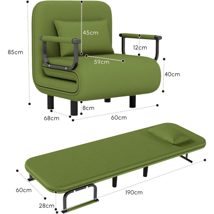 Крісло-ліжко Fabulcozy для дорослих, 4-в-1, сіре (зелене), 60x68x85 см. З металевим каркасом, з подушкою та підлокітниками. Великий комфорт.