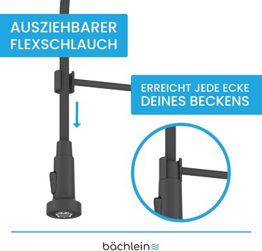 Змішувач для кухні Bchlein Nedo поворот на 360 градусів (чорний матовий) змішувач для раковини з нержавіючої сталі з гнучкою горловиною та душовою лійкою з кнопкою перемикання передач, змішувач для кухні