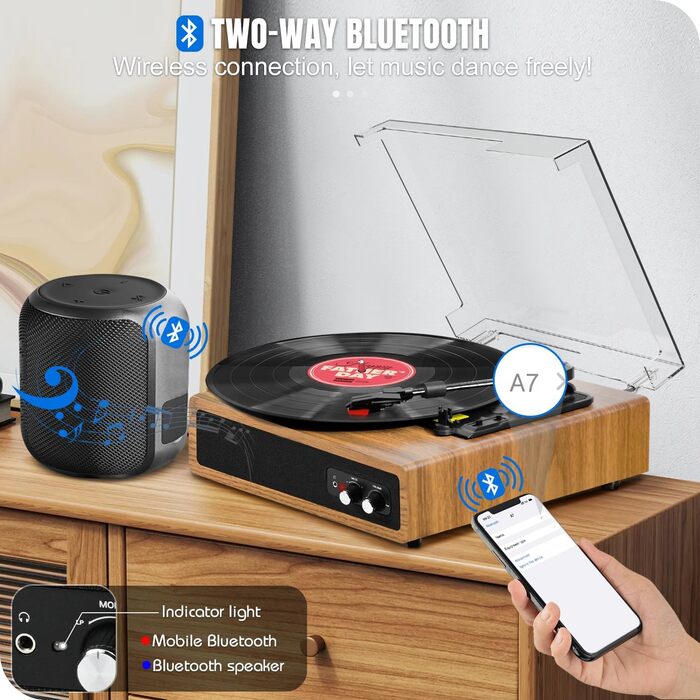 Вініловий програвач FYDEE Bluetooth, ретро-програвач із вбудованими стереодинаміками, 3 швидкості 33/45/78 об/хв, RCA вихід, AUX, світло-коричневий