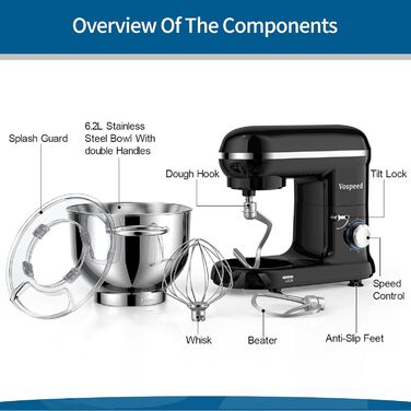 Електричний кухонний міксер Vospeed 1500W з 6 швидкостями та мискою 6.2QT (чорний)