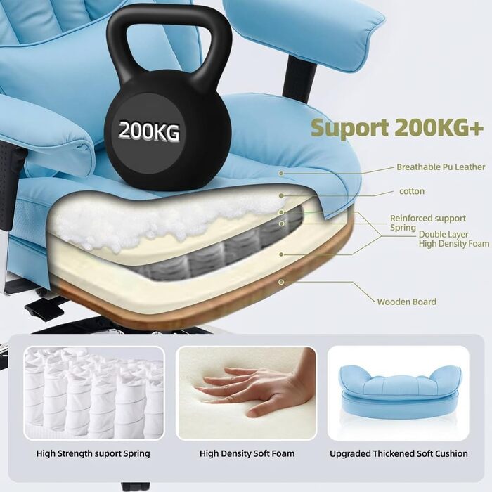 Ергономічне офісне крісло Efomao X-Stickerei для дому та офісу, шкіряне (PU), 200 кг, з підставкою для ніг та підтримкою попереку, чорне з блакитним