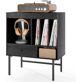 Підставка для програвача COSTWAY з місцем для зберігання вінілу, з відкритими полицями, тримачами для платівок та ящиком, дерев'яний тумбочка для музичної кімнати та вітальні, 70 x 36 x 80 см (білий/чорний)