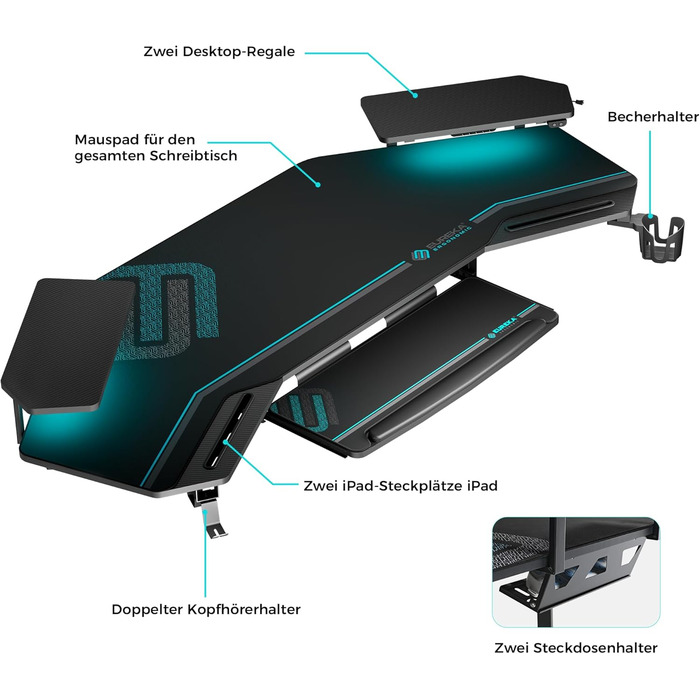 Ігровий стіл EUREKA ERGONOMIC 160x74 см - великий стіл у формі крила з 2 відсіками для iPad. Підходить для дому, офісу, стрімінгу. Чорний колір.