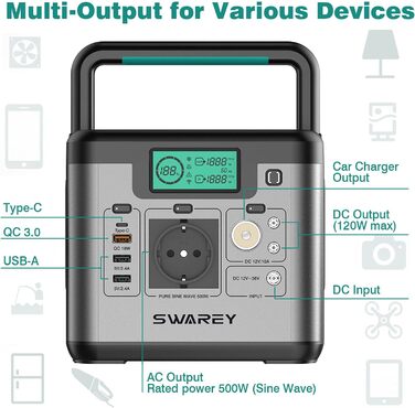Портативна електростанція SWAREY S500 518 Втгод, сонячний генератор, 230 В змінного струму, стрибок напруги 1000 Вт, DC/USB, резервне живлення для кемпінгу
