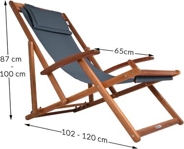 Лежак для відпочинку Casaria® з дерева, вологостійкий, складаний, регульований, до 160 кг, підлокітники, подушка для шиї, для саду та балкону, акація, 94x94x60 см, антрацит