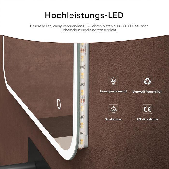 Дзеркало для ванної кімнати Dopporo LED 100x80 см з підсвічуванням та сенсорним вимикачем, з функцією пам'яті