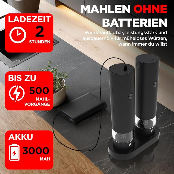 Електрична мельниця для перцю та солі LUNARIA [PREMIUM] – набір, перезаряджувана, регулювання помелу, високоякісний дизайн для кухні та столу
