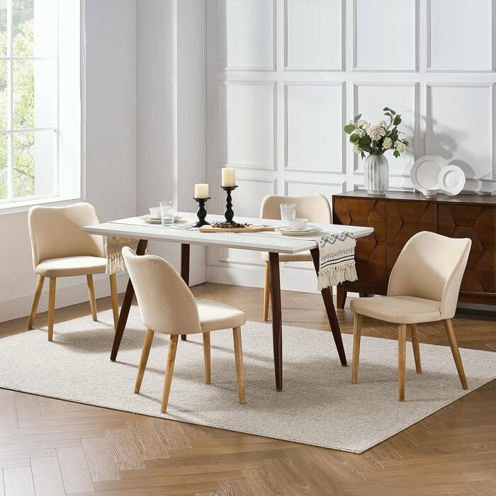 Набір кухонних стільців HULALA HOME, стільці до туалетного столика, зручні стільці для кухні з дерев'яними ніжками, висота сидіння 46 см, для вітальні, спальні та їдальні (4 шт, бежевий)