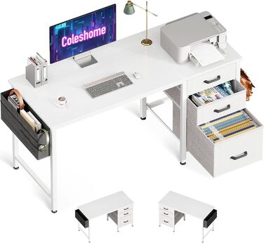 Комп'ютерний стіл Coleshome з 3 висувними ящиками з тканини, підставка для навушників та кишенька для зберігання, реверсивний офісний стіл для дому, (Білий, 120x48 см)
