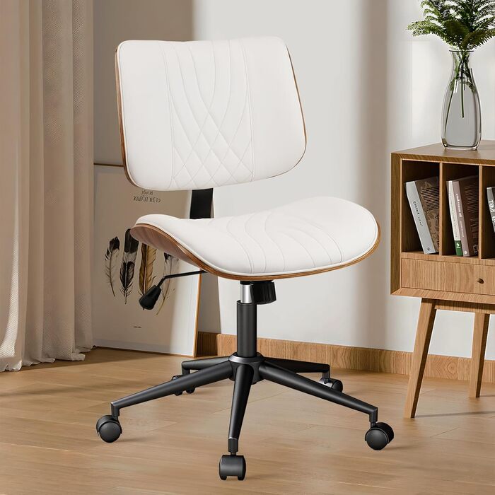 Крісло офісне без підлокітників Clatina з роликами, регульоване по висоті, шкіряне, поворотне, для комп'ютера, середньою спинкою, сучасний стиль горіхового дерева, для дому, офісу, конференц-залу, білий, 1 шт.