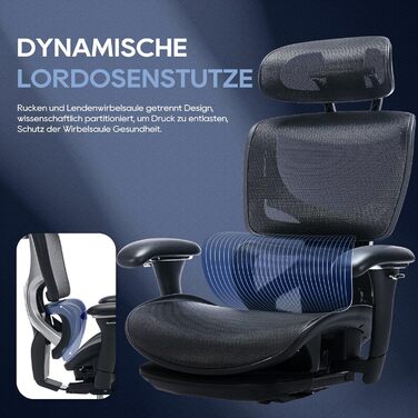 Органічний офісний крісло COLAMY з підніжкою, 3D підлокітниками, підголівником, підтримкою попереку та дихаючою сіткою - для офісу та дому, чорний