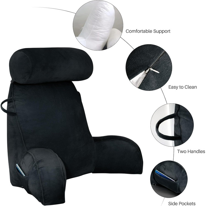 М'яке крісло-мішок для читання з велюру, для дорослих, з підтримкою спини та підлокітниками, з кишенею та знімним чохлом (Кофе, Чорний)