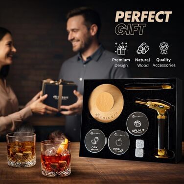 Комплект для копчення коктейлів MIXOLOGIC: набір для віскі, 6 дерев'яних чіпсів, камені для віскі та аксесуари для Old Fashioned