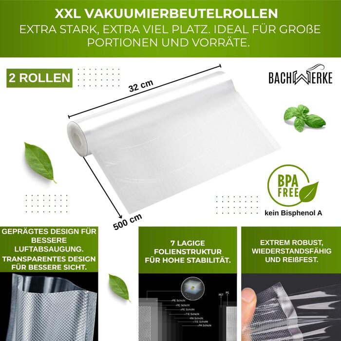 Вакууматор для продуктів BACHWERKE з шириною шва 32 см, вакуумний пакувальник з запасним різаком, рулоном плівки та 10 пакетами XXL