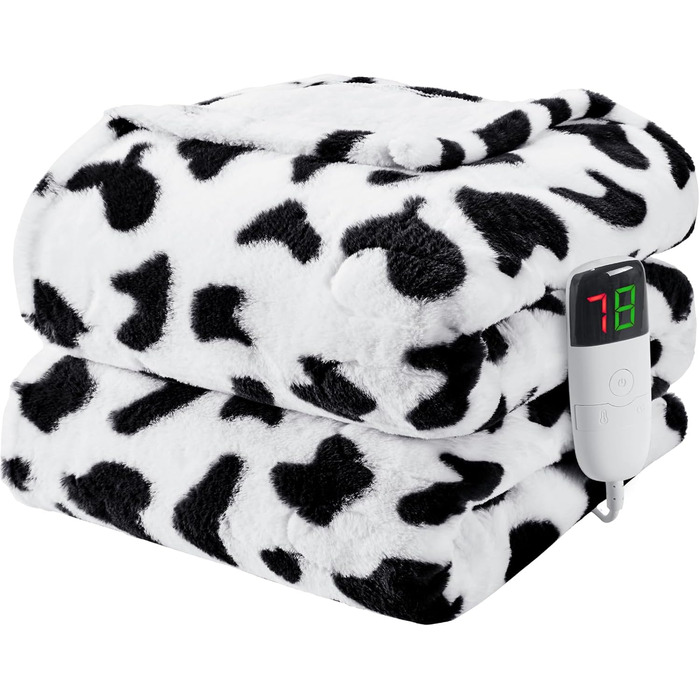 Електрична грілка з принтом корови, повний розмір 183x213 см, фіолетовий колір. 10 режимів нагріву, автоматичне вимкнення через 8 годин, принт з високопродуктивною коровою, флісова та шерпа-підкладка.