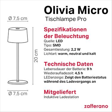 Zafferano Olivia Micro - Бездротова LED-лампа, 2200-3000K, регулювання яскравості, для дому та вулиці, 20 см, білий колір