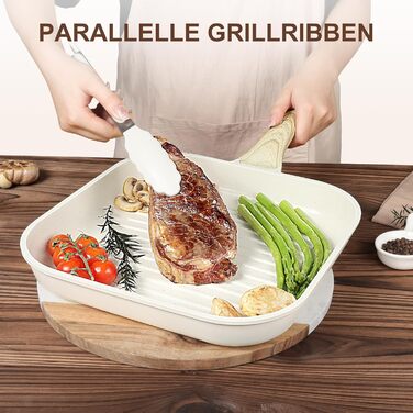 Сковорода-гриль GiPP 28 x 28 см з антипригарним покриттям, для стейків, сумісна з індукцією, без PFOA, для всіх плит, легко миється, біла