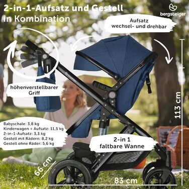 Дитяча коляска Bergsteiger Nizza 3 в 1 (комбінована), автокрісло, люлька, прогулянковий блок (синій/чорний)
