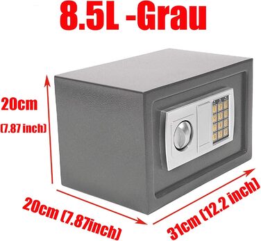 Сейф Tresor з подвійним ригелем, сталевий, з електронним кодовим замком та 2 ключами для бізнесу, грошей, ювелірних виробів, цінностей (8.5L, сірий)