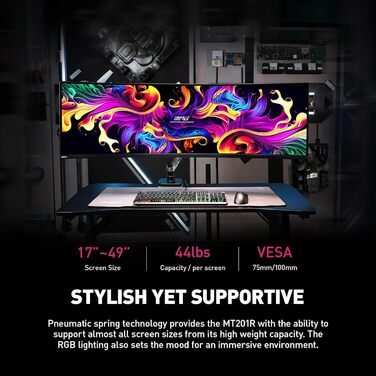 Підставка для монітора MSI MPG MT201R Premium RGB, сумісна з VESA, 17-49 дюймів, до 20 кг, регульована газо-пружинна кріплення, сіра