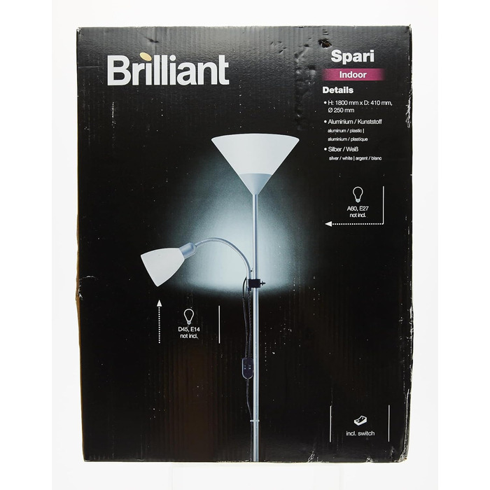 Стельовий омийник Brilliant Spari 1,8 м, підходить для LED, лампа для читання, вимикач шнура, білий