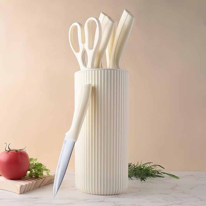 Набір кухонних ножів 7 шт. з бруском, Messerblock, з нержавіючої сталі, для кухні, нарізки м'яса та овочів (Бежевий)