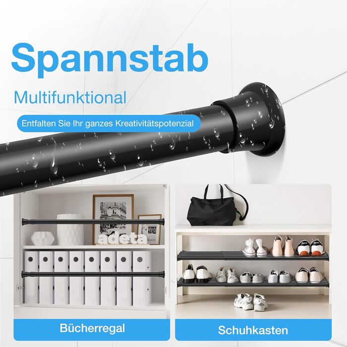 Набір з 2 штук штанги для карниза без свердління, 76-165 см. Підходить для душу, вікна, кухні, шафи. Чорний колір.