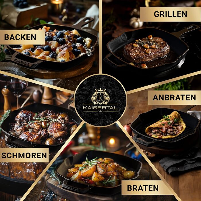 Сковорода-гриль KaiserTal з чавуну 27 см – для стейків та смаження на грилі – сумісна з індукцією, газом та духовкою