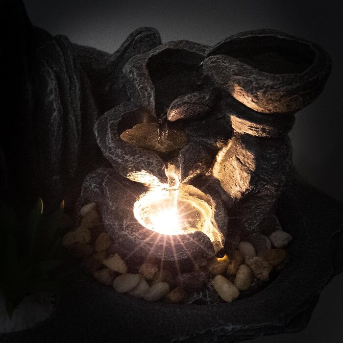 Lemodo Фонтан для дому LED 3-рівневий Настільний Фонтан Фен Шуй з підсвіткою, Водоспад, Оволожувач повітря, Декор для вітальні, спальні, офісу, 27x19x33 см (Савана)