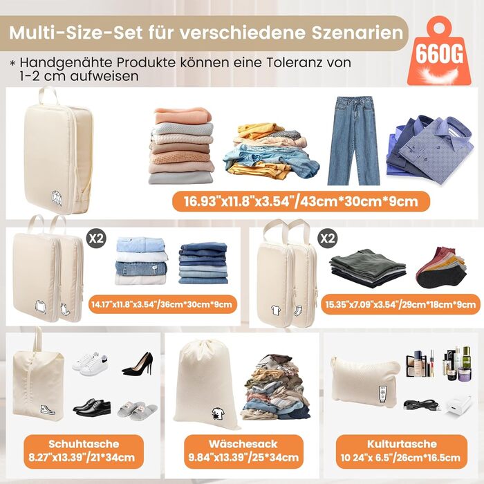 Набір органайзерів для подорожей у валізу з компресією, 8 шт, водонепроникні пакувальні куби для ручної поклажі та рюкзака, бежевий