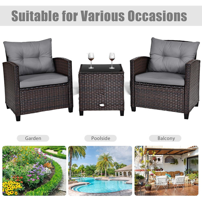 Набір садових меблів LIFEZEAL 3 предмети: 2 крісла та стіл з штучного ротангу (PE) з подушками, скляна стільниця, для тераси, балкона, саду - сірий