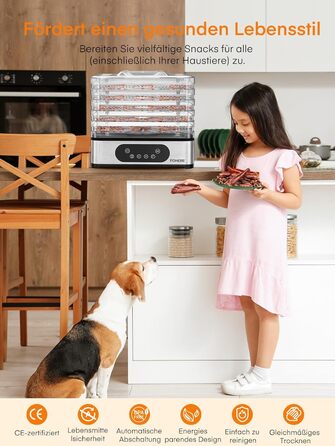 Електрична сушарка для продуктів FOHERE з нержавіючої сталі, 5 ящиків, LED-дисплей, 420W, 35-70°C, таймер 48h, для їжі, грибів, фруктів, м'яса, риби, овочів, без BPA