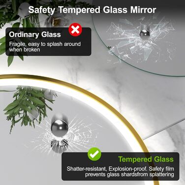 Дзеркало для ванної кімнати Furduzz з LED-підсвічуванням, 700 мм, сенсорне керування, диммування, 3 кольори, протизапотівання, пам'ять, золота рамка (60x60 см)