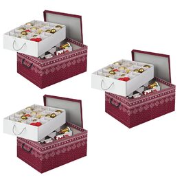 Набір декоративних коробок Kreher з картону (3 шт.) з ручками, для прикрас, 40 кульок, червоний колір, зі сніжинками, стійкий, збирається самостійно