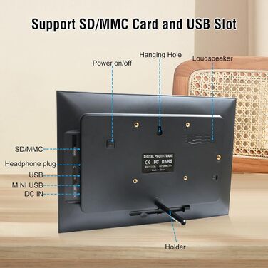 Цифровий фоторамка TSITSC 10.1 дюйма з Wi-Fi, IPS сенсорний екран, 32GB пам'яті, автоповорот, Frameo APP, чорний