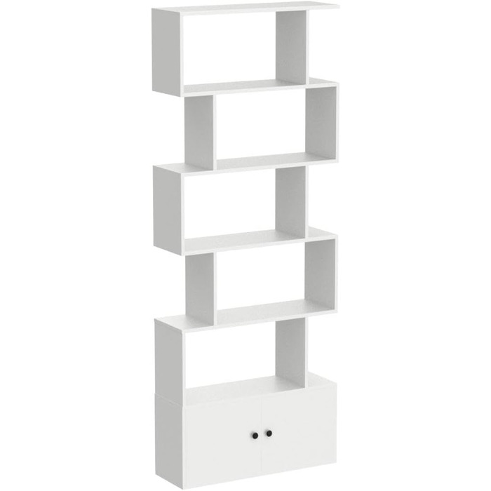 Книжкова шафа COSTWAY, стояча полиця з дверцятами, 183 x 70 x 23 см, полиця для перегородки кімнати з 5 рівнями, дерев'яна офісна полиця, полиця для документів з кріпильним матеріалом, полиця для зберігання для вітальні (біла)