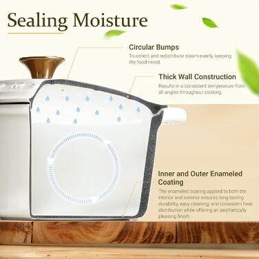 Чавунна каструля-гульяш Overmont з емалевим покриттям, 26 см, 5.2 л, перламутрово-біла, з кришкою та кулінарною книгою, підходить для духовки