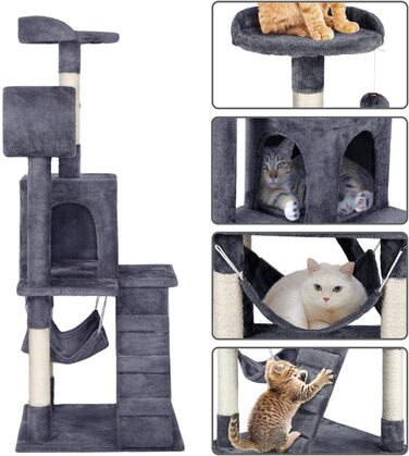 Котяче дерево Yaheetech 130 см Кігтеточка для котів Cat Tree, Котяча лазіння по дереву з оглядовим майданчиком Котяча печера Сизалеві стовбури, темно-сірі