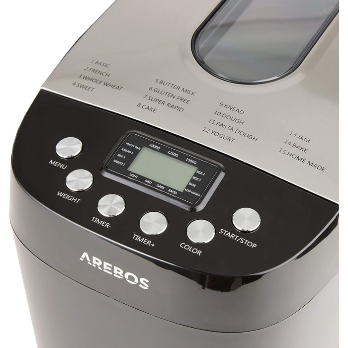Хлібопечка Arebos 1500г | 15 програм | Таймер | LCD дисплей | 850 Вт | Чорний