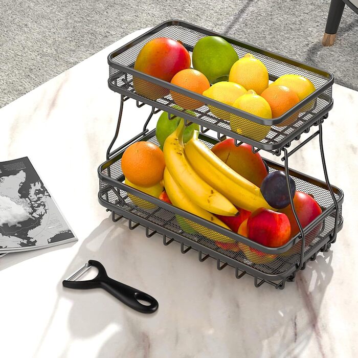 Х ярусний кошик для фруктів, етажера для фруктів, лоток з вуглецевої сталі, знімний, більше місця на робочій поверхні, зберігання фруктів і овочів., 2-